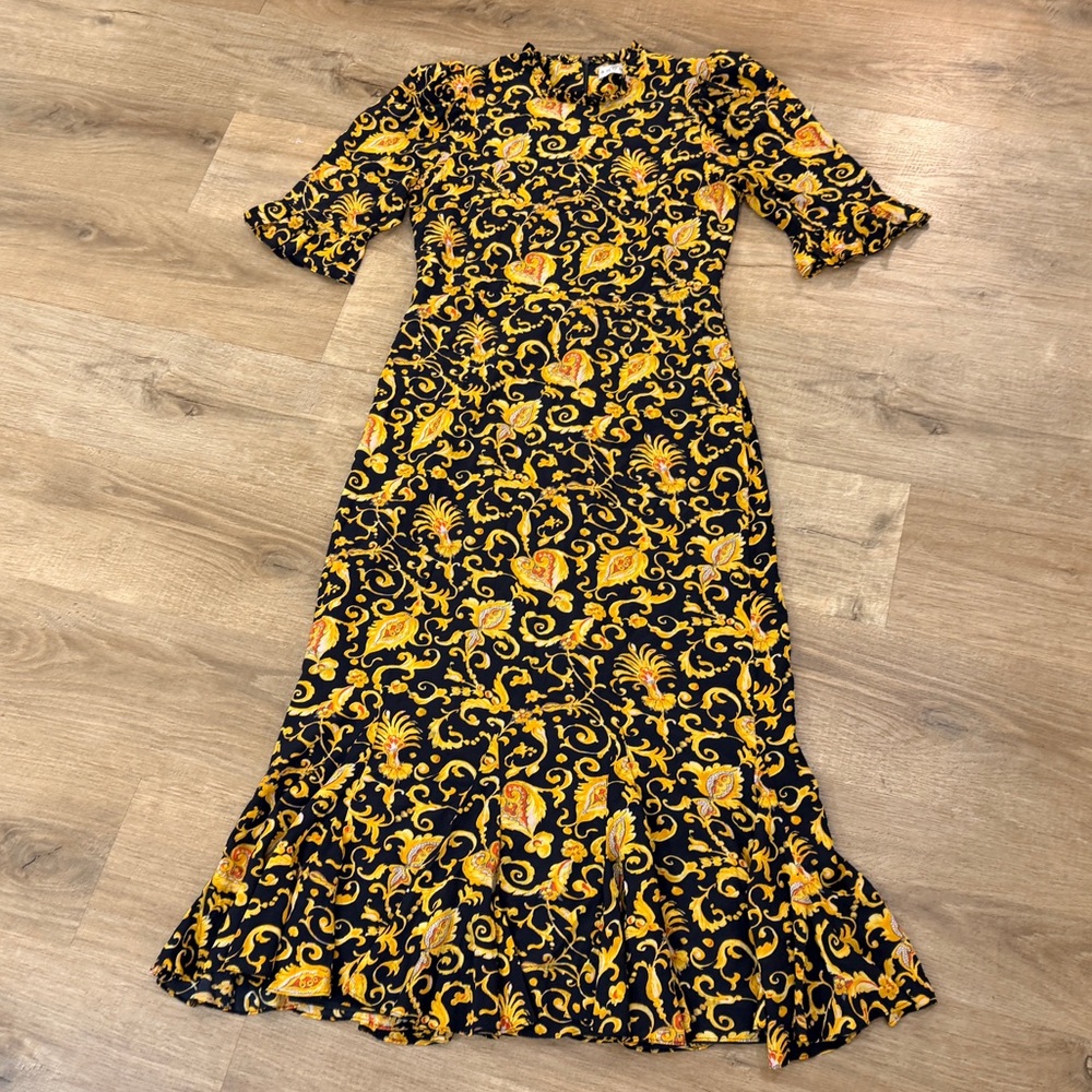 RHODE Felix Dress Black Yellow Gold Patterned Flare Midi - Picture 10 of 14